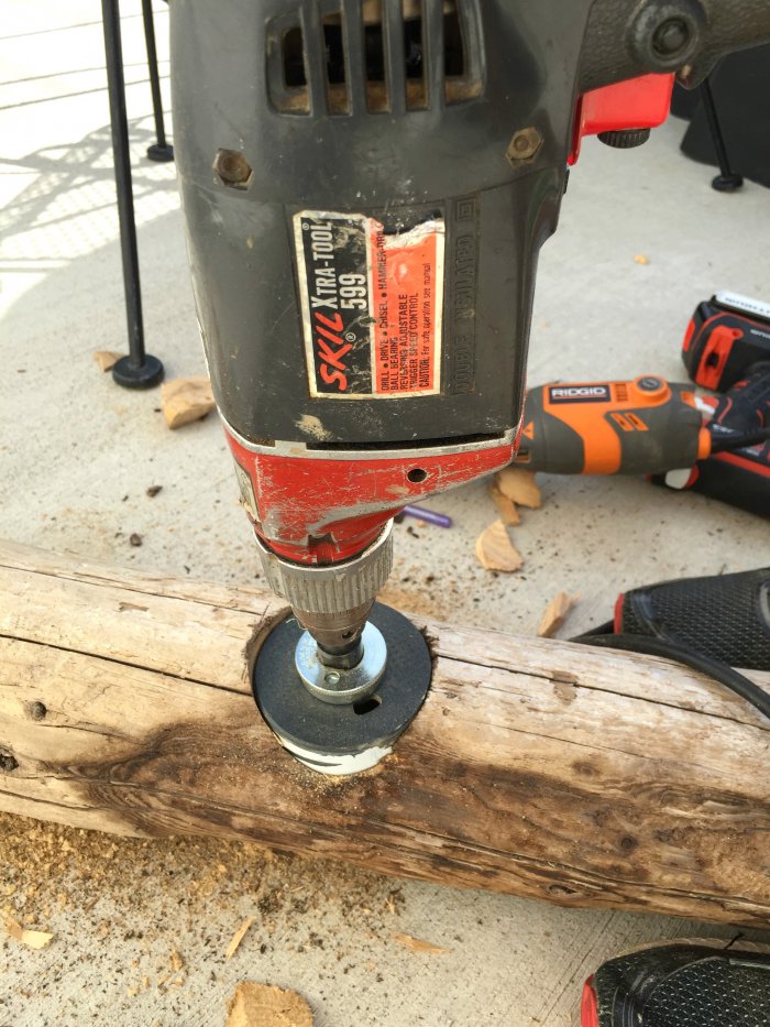 hole saw drilling driftwood